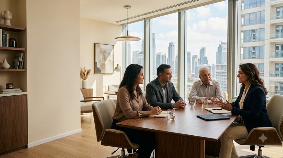 An advisory meeting in a modern office, representing Wealth Development